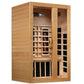 Cedar two-person infrared sauna with glass door, interior heater, wooden benches, and control panel on white background