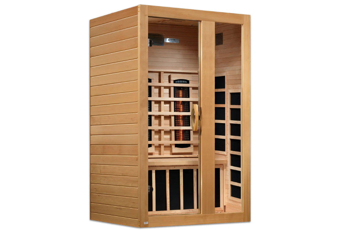 Cedar two-person infrared sauna with glass door, interior heater, wooden benches, and control panel on white background