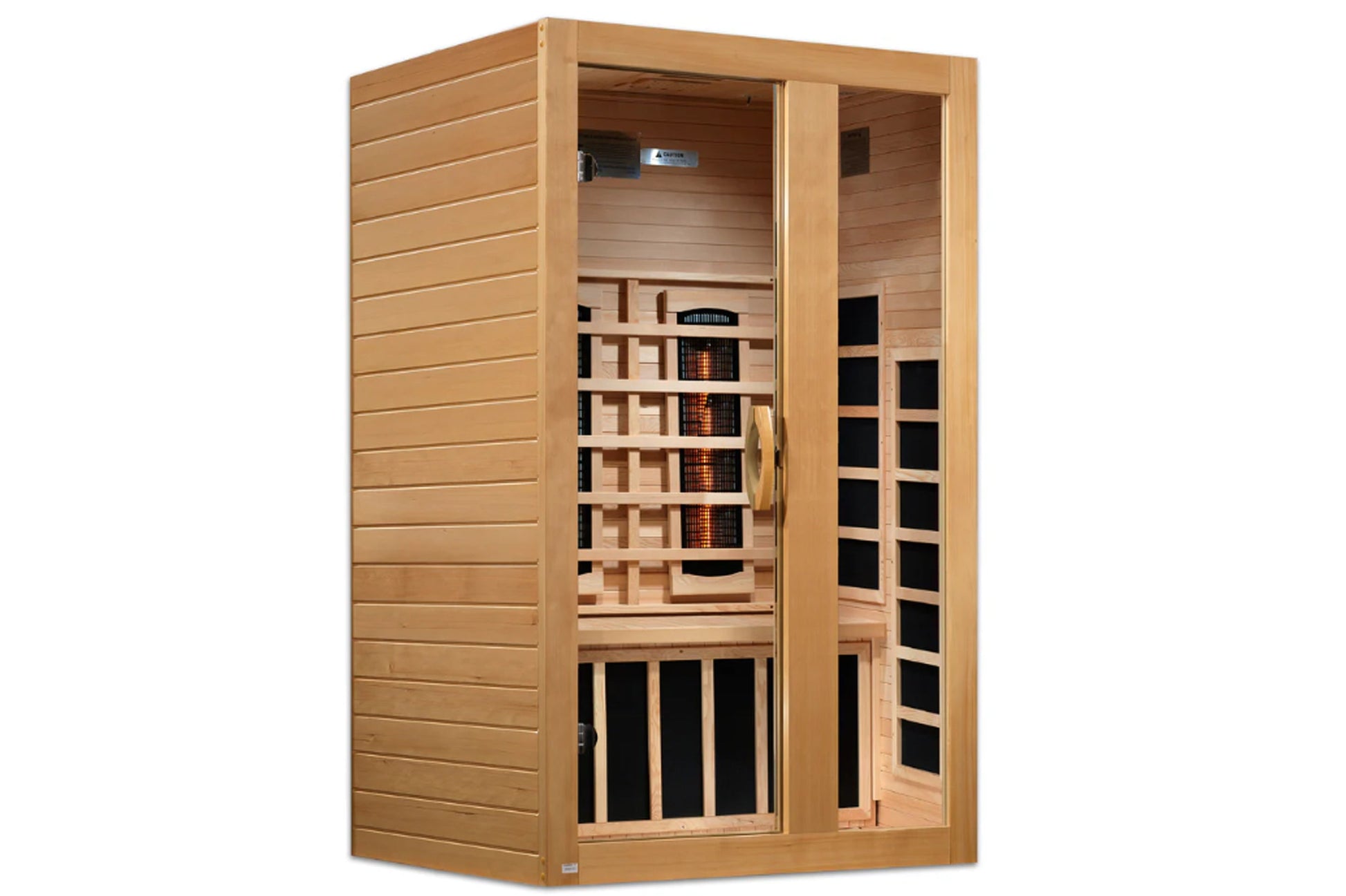 Cedar two-person infrared sauna with glass door, interior heater, wooden benches, and control panel on white background