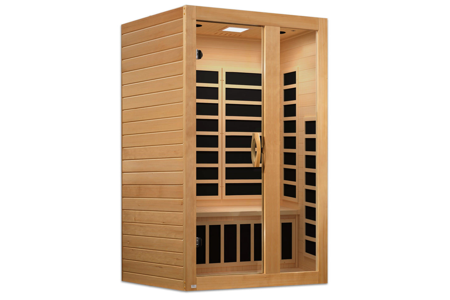 Natural cedar wood 2-person infrared sauna with black heating panels and glass doors on white background