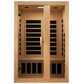 Two-person far infrared sauna with light wood frame, dual glass doors with black horizontal heater panels, and lower vented p