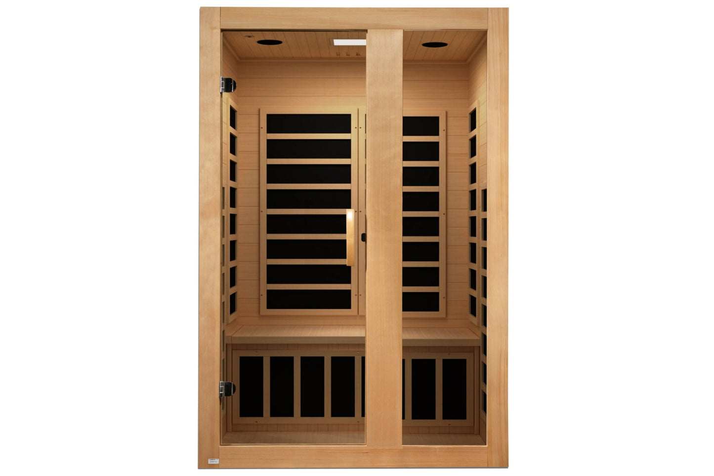 Two-person far infrared sauna with light wood frame, dual glass doors with black horizontal heater panels, and lower vented p