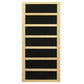 Natural wood sauna with seven black glass panels separated by light wood dividers, front view on white background
