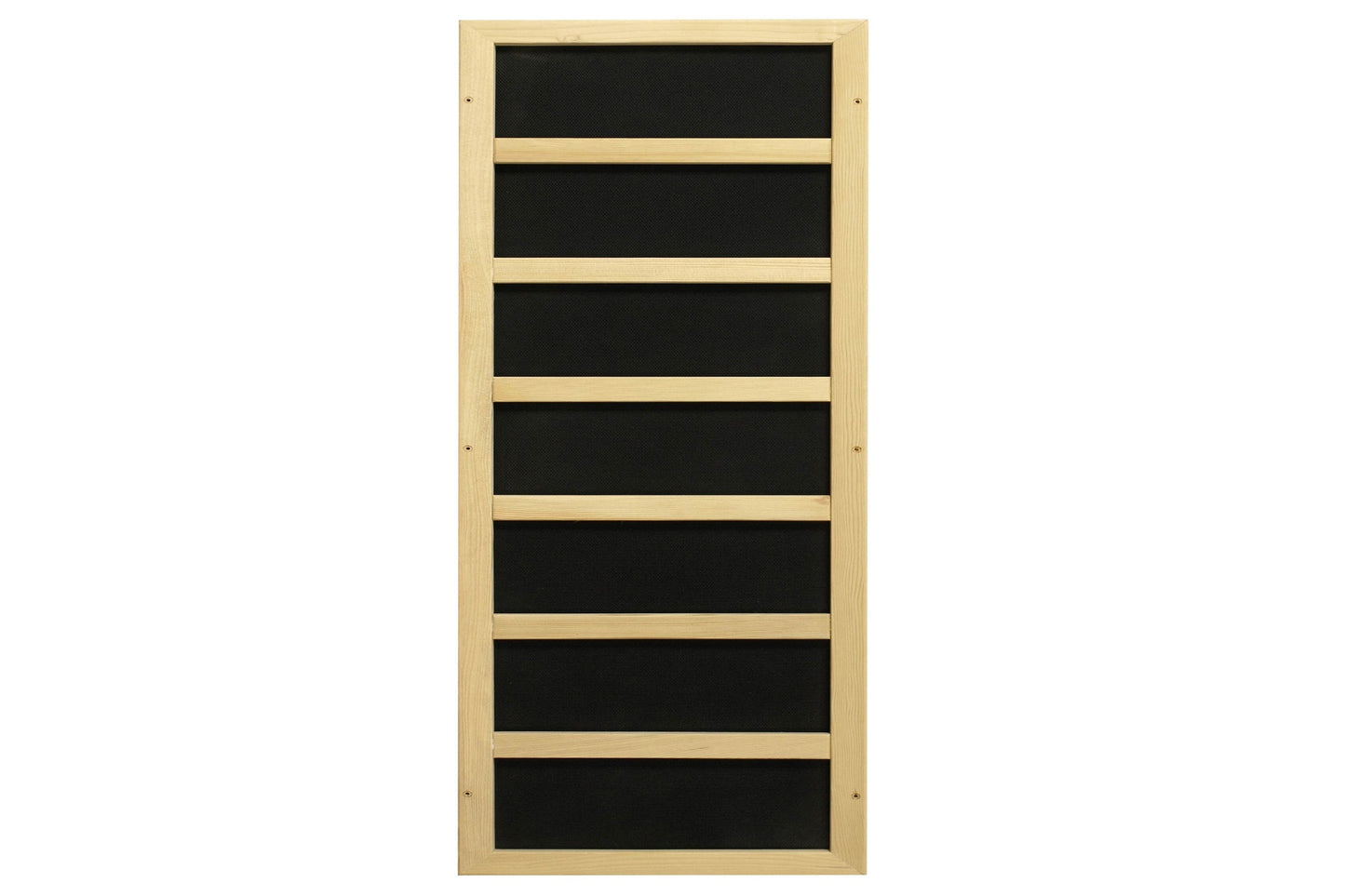 Natural wood sauna with seven black glass panels separated by light wood dividers, front view on white background