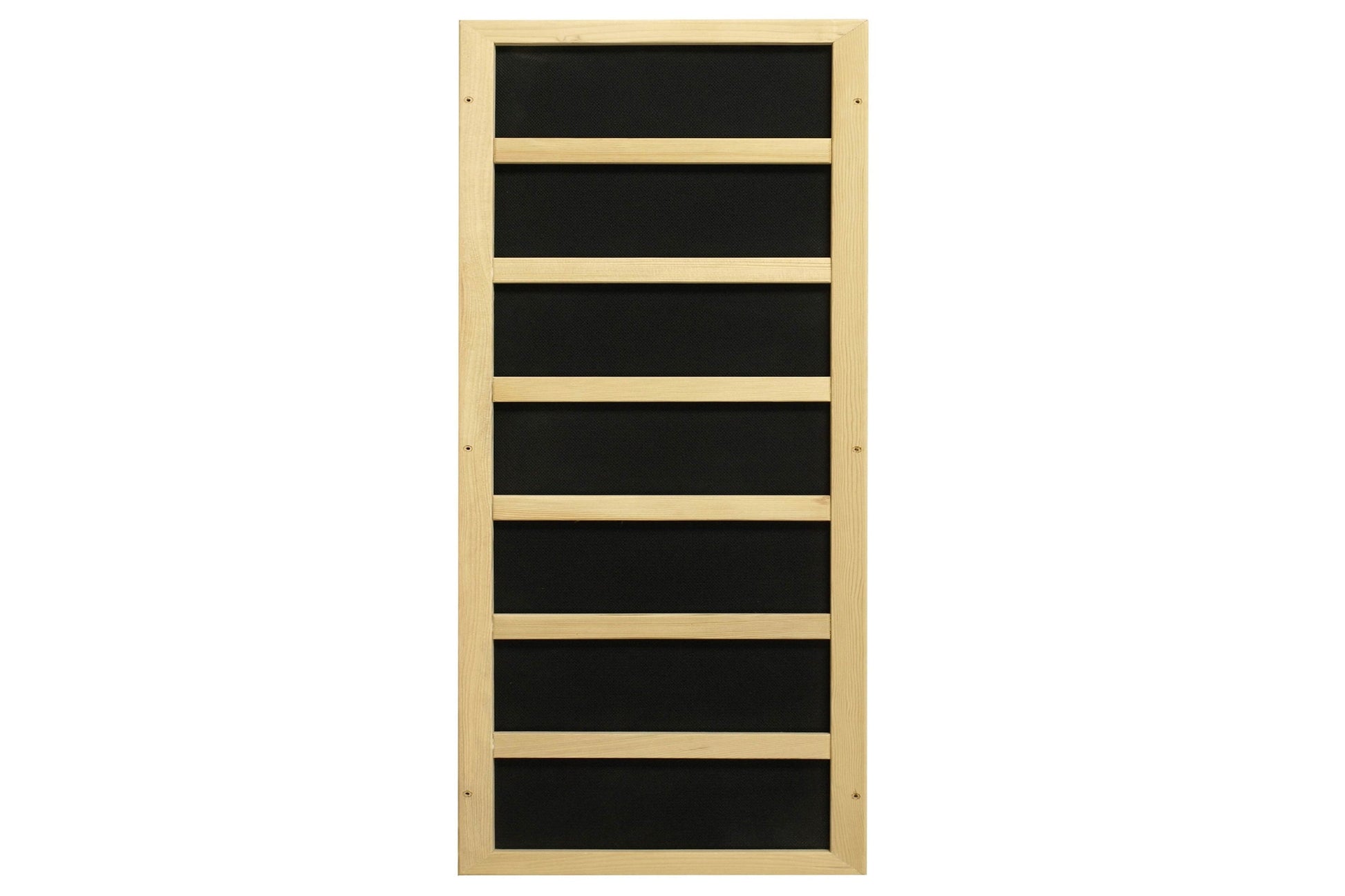 Natural wood sauna with seven black glass panels separated by light wood dividers, front view on white background