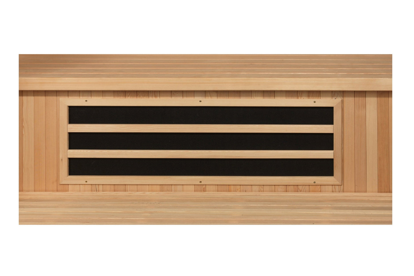 Golden Designs Serena 2-person far infrared sauna with light wood exterior and three black interior heating panels on white b