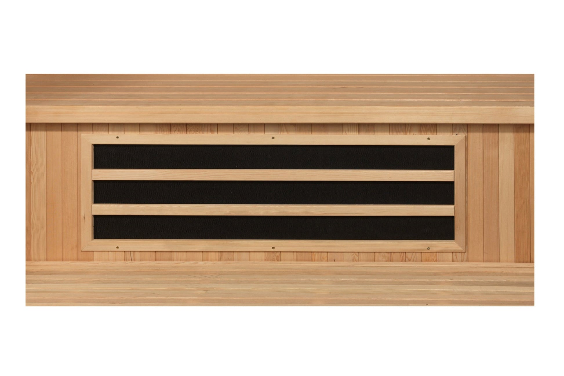 Golden Designs Serena 2-person far infrared sauna with light wood exterior and three black interior heating panels on white b