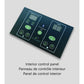 Dark green digital sauna control panel with temperature and timer displays, green power and heat buttons, and multiple functi