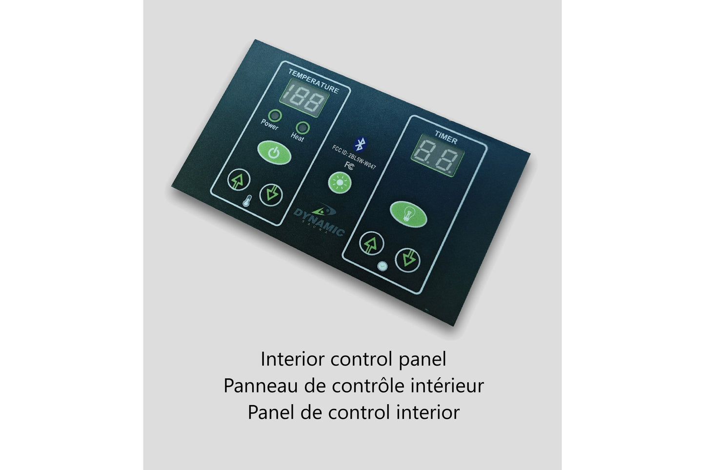 Dark green digital sauna control panel with temperature and timer displays, green power and heat buttons, and multiple functi