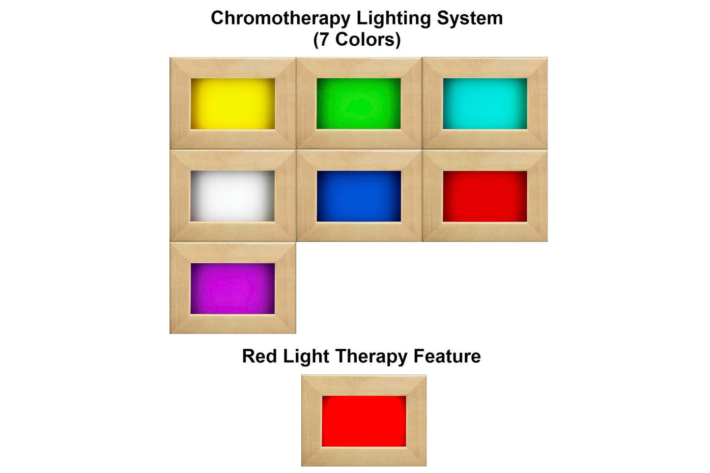 Chromotherapy lighting system with seven color panels in wooden frames displaying yellow, green, cyan, white, blue, red, and 