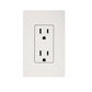 White duplex electrical outlet with two vertical slots and rounded ground holes, mounted on light gray wall plate