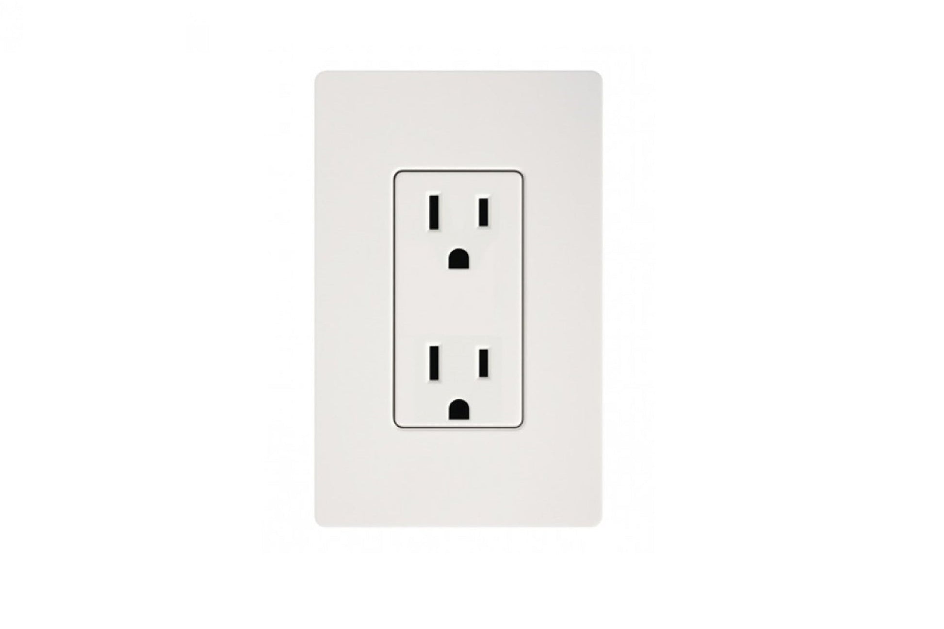 White duplex electrical outlet with two vertical slots and rounded ground holes, mounted on light gray wall plate