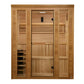 Golden Designs Engelberg sauna with light wood cedar construction, glass door, interior benches, digital control panel, and s