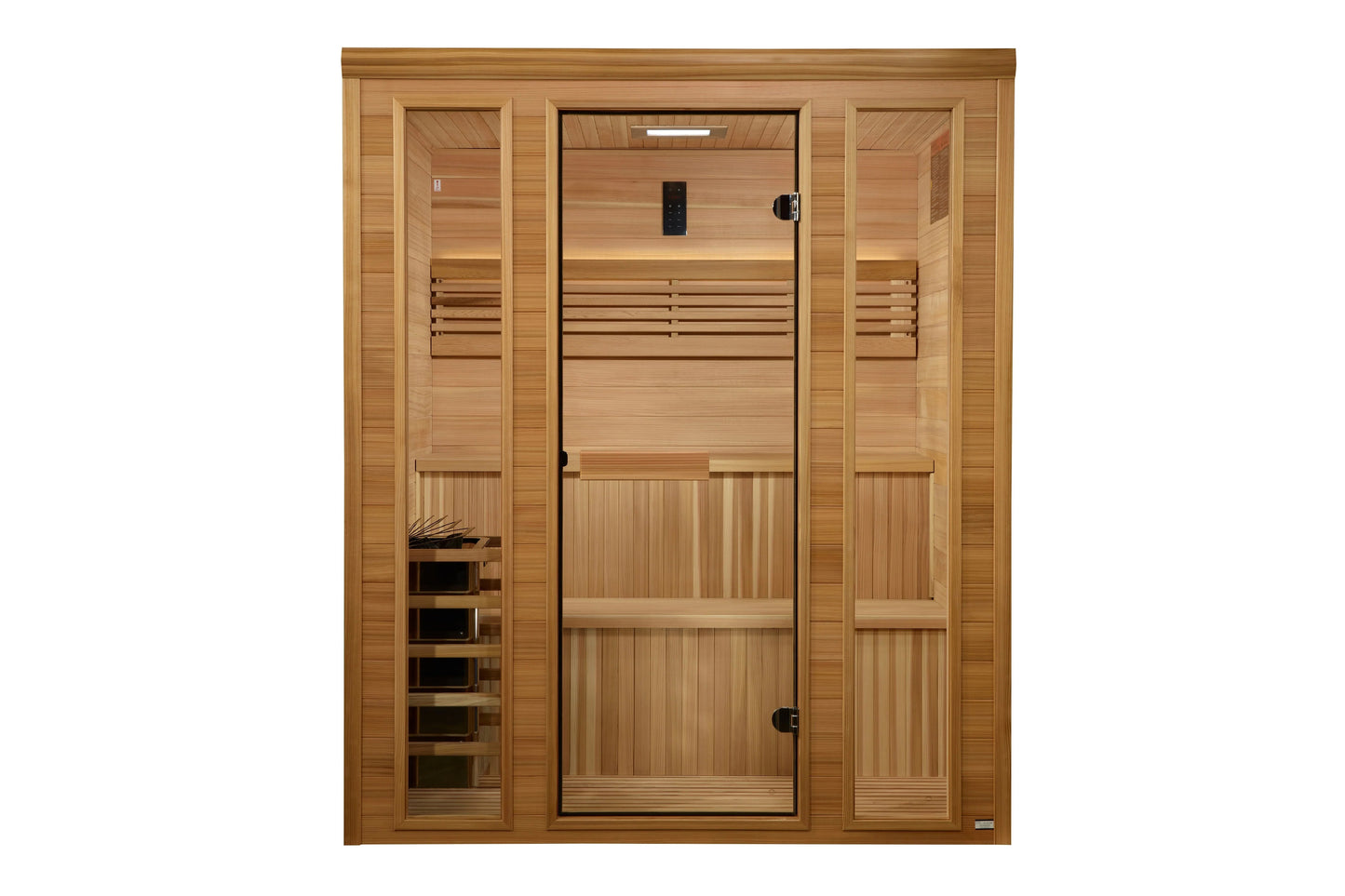 Golden Designs Engelberg sauna with light wood cedar construction, glass door, interior benches, digital control panel, and s