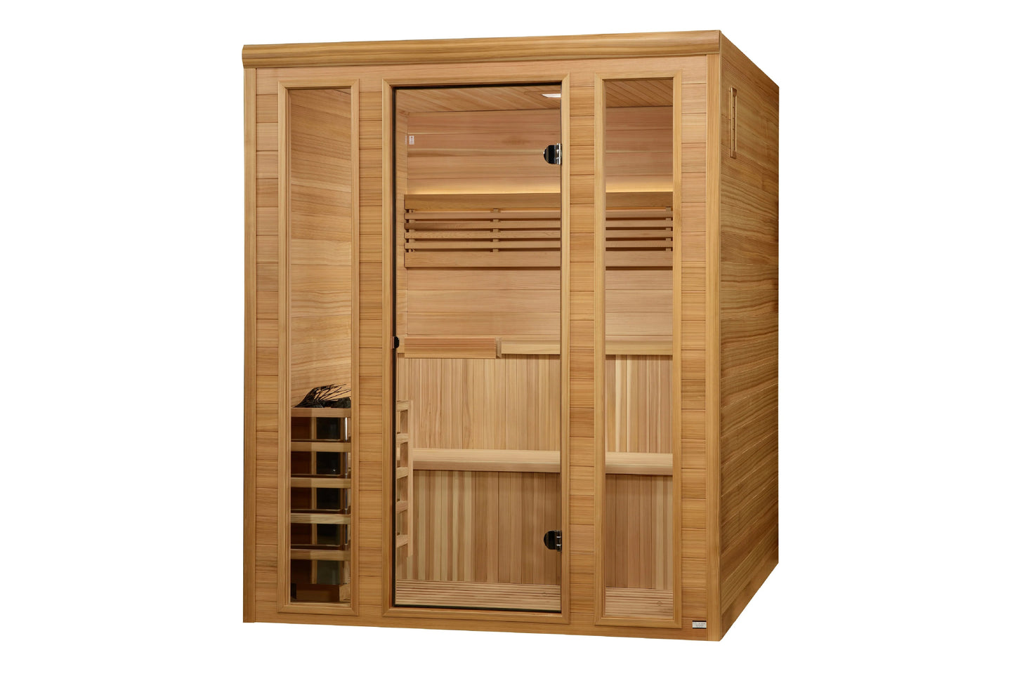 Golden Designs Engelberg 6-person traditional steam sauna with Pacific clear cedar wood construction, glass door, and wooden 