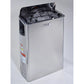Harvia stainless steel sauna heater with black top basket filled with gray stones, shown on white background