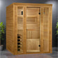 Golden Designs Engelberg traditional steam sauna with natural cedar wood exterior, glass door, and interior benches, displaye