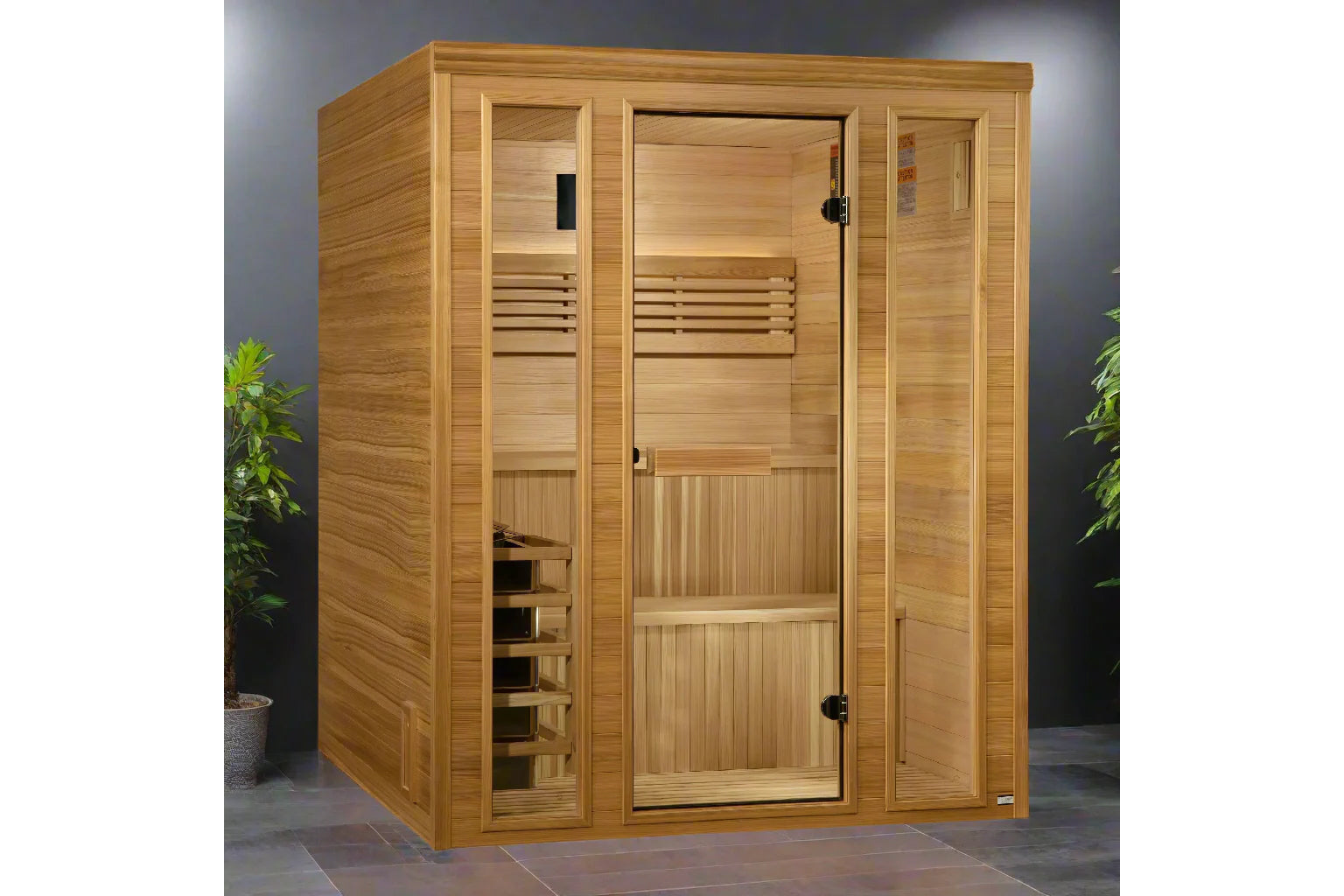 Golden Designs Engelberg traditional steam sauna with natural cedar wood exterior, glass door, and interior benches, displaye