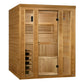 Golden Designs Engelberg 6-person traditional steam sauna with light cedar wood construction, glass door, wooden benches, and