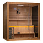 Golden Designs Forssa Edition infrared sauna with cedar wood construction, glass door, built-in benches, and control panel on