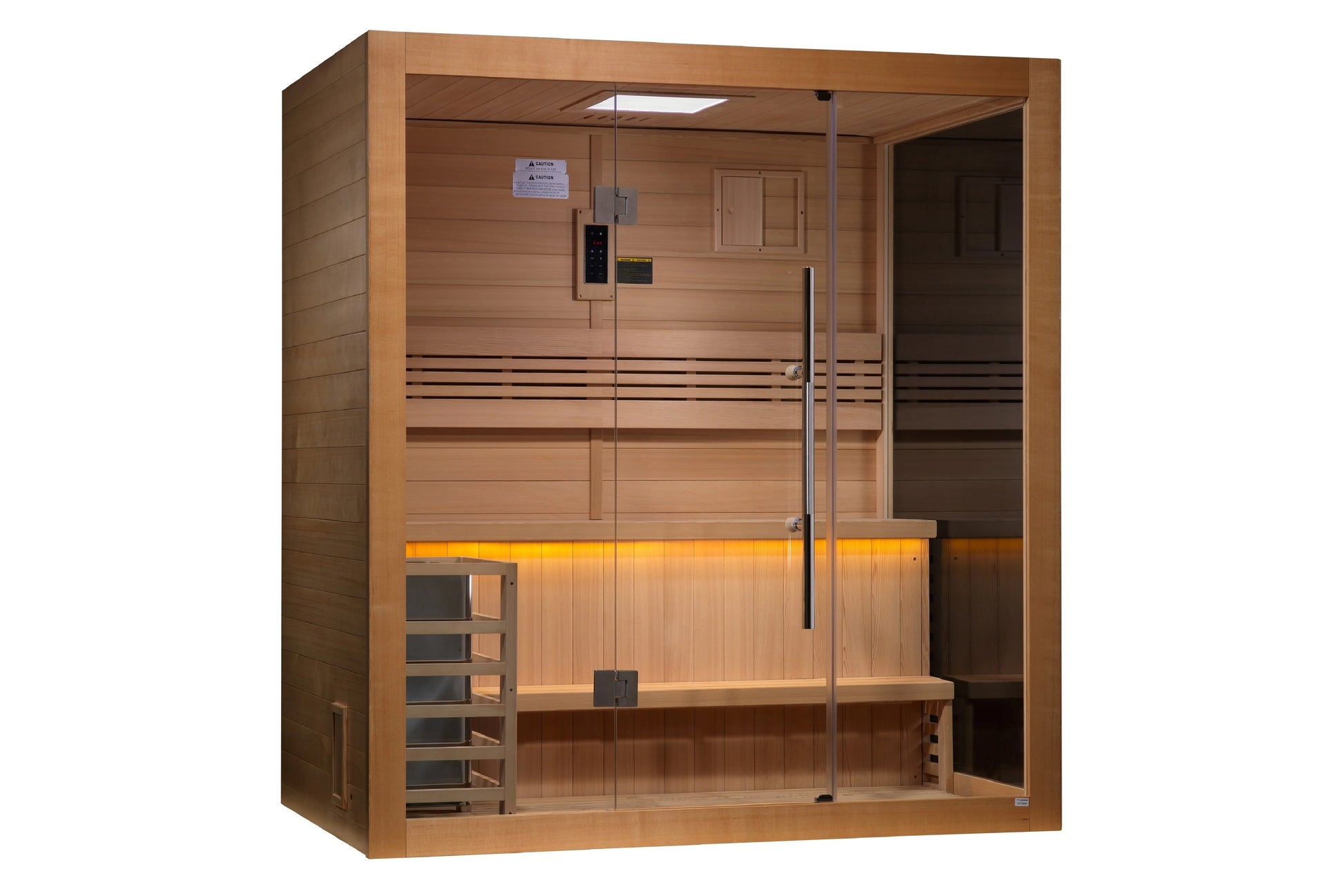 Golden Designs Forssa Edition infrared sauna with cedar wood construction, glass door, built-in benches, and control panel on