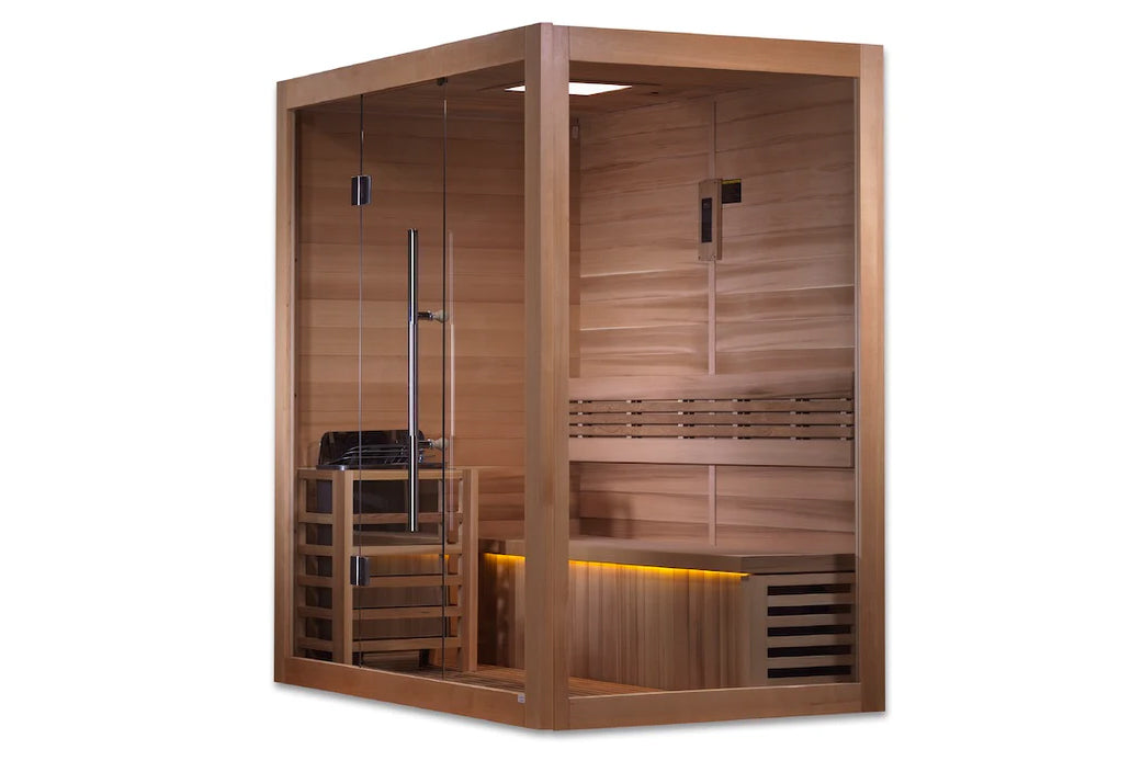 Cedar wood sauna cabin with glass door and interior bench seating, amber lighting, and wooden slat walls on white background
