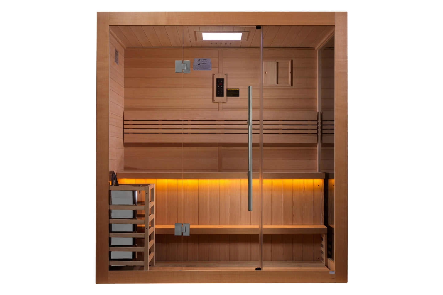 Golden Designs Forssa Edition traditional sauna with cedarwood interior, glass door, heated benches, infrared lighting, and d