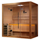 Golden Designs Forssa Edition sauna with cedarwood interior, glass door, bench seating, control panel, and orange accent ligh