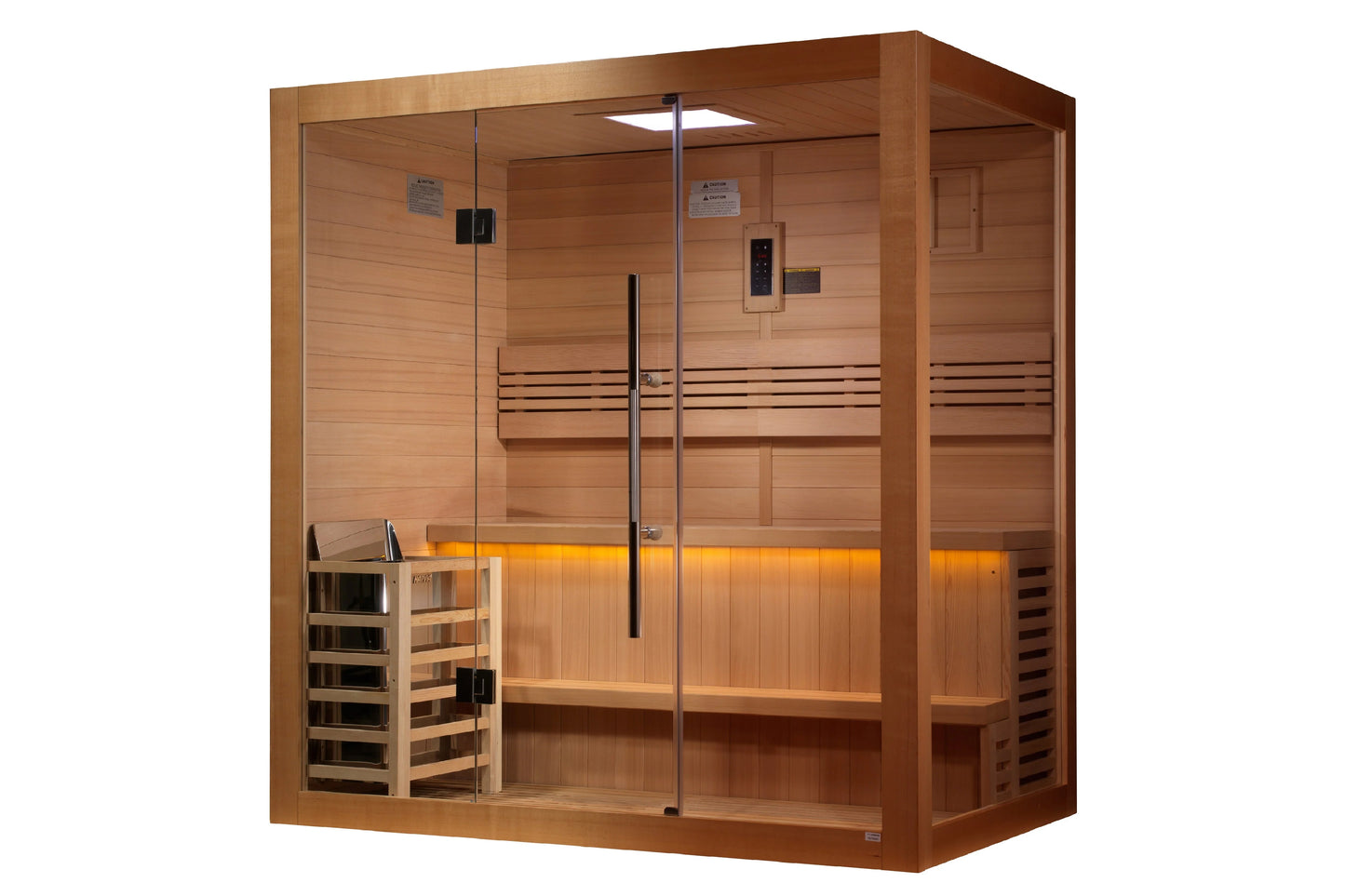 Golden Designs Forssa Edition sauna with cedarwood interior, glass door, bench seating, control panel, and orange accent ligh