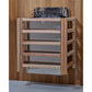 Golden Designs Forssa Edition sauna with natural wood frame and gray metal interior shelves mounted on wooden wall