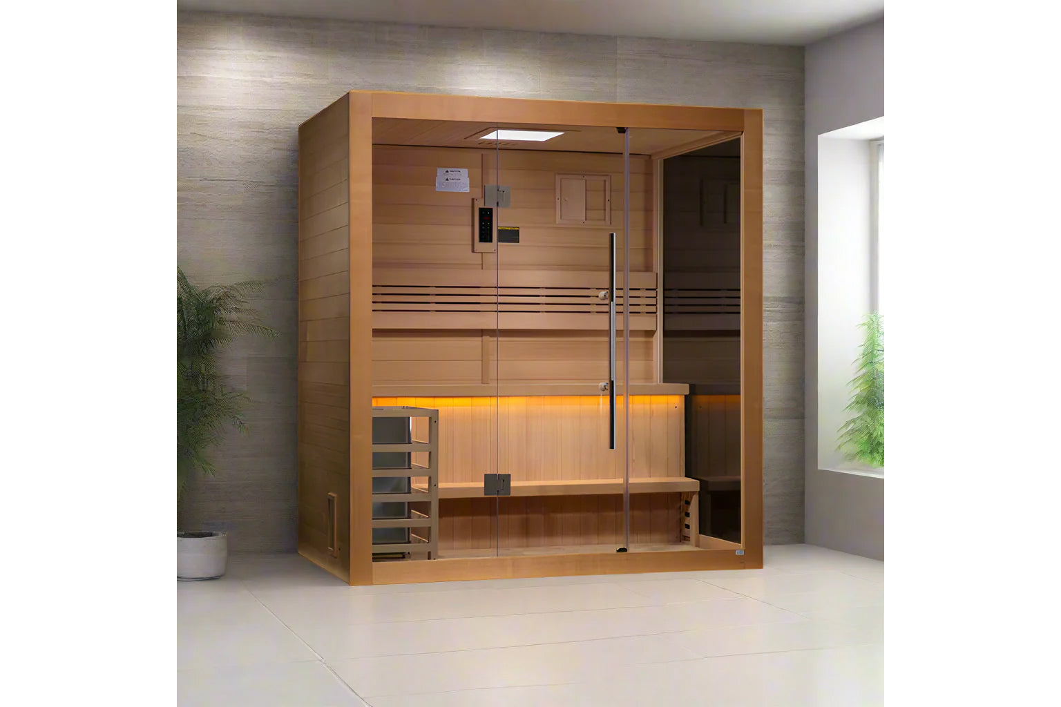 Golden Designs Forssa Edition traditional sauna with light wood frame, glass doors, bench seating, and amber accent lighting 