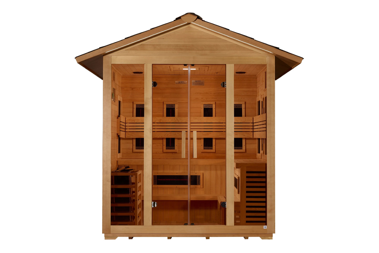 Golden Designs Gargellen 5-person cedar wood hybrid sauna with glass doors and full spectrum heating elements, front view on 