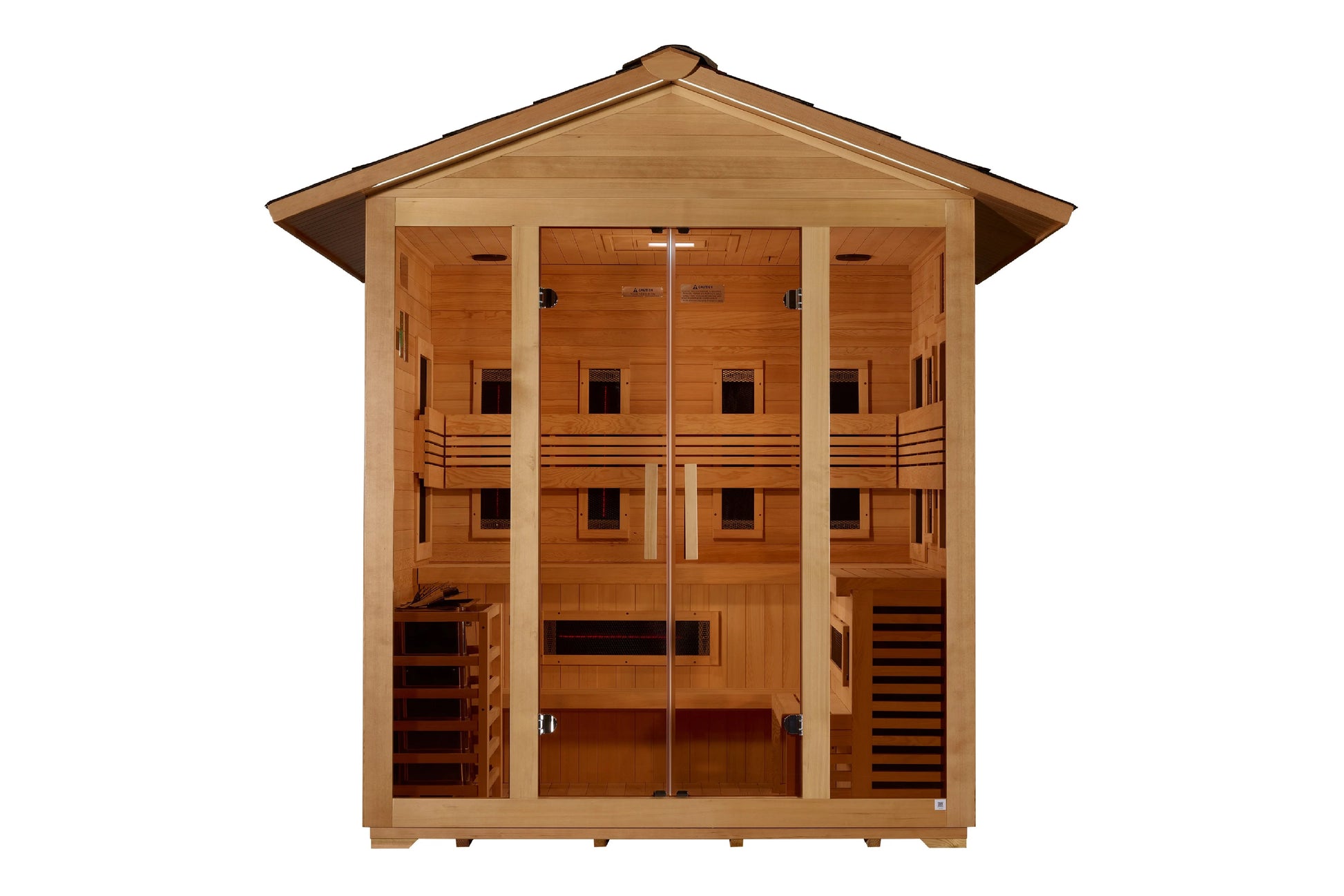 Golden Designs Gargellen 5-person cedar wood hybrid sauna with glass doors and full spectrum heating elements, front view on 