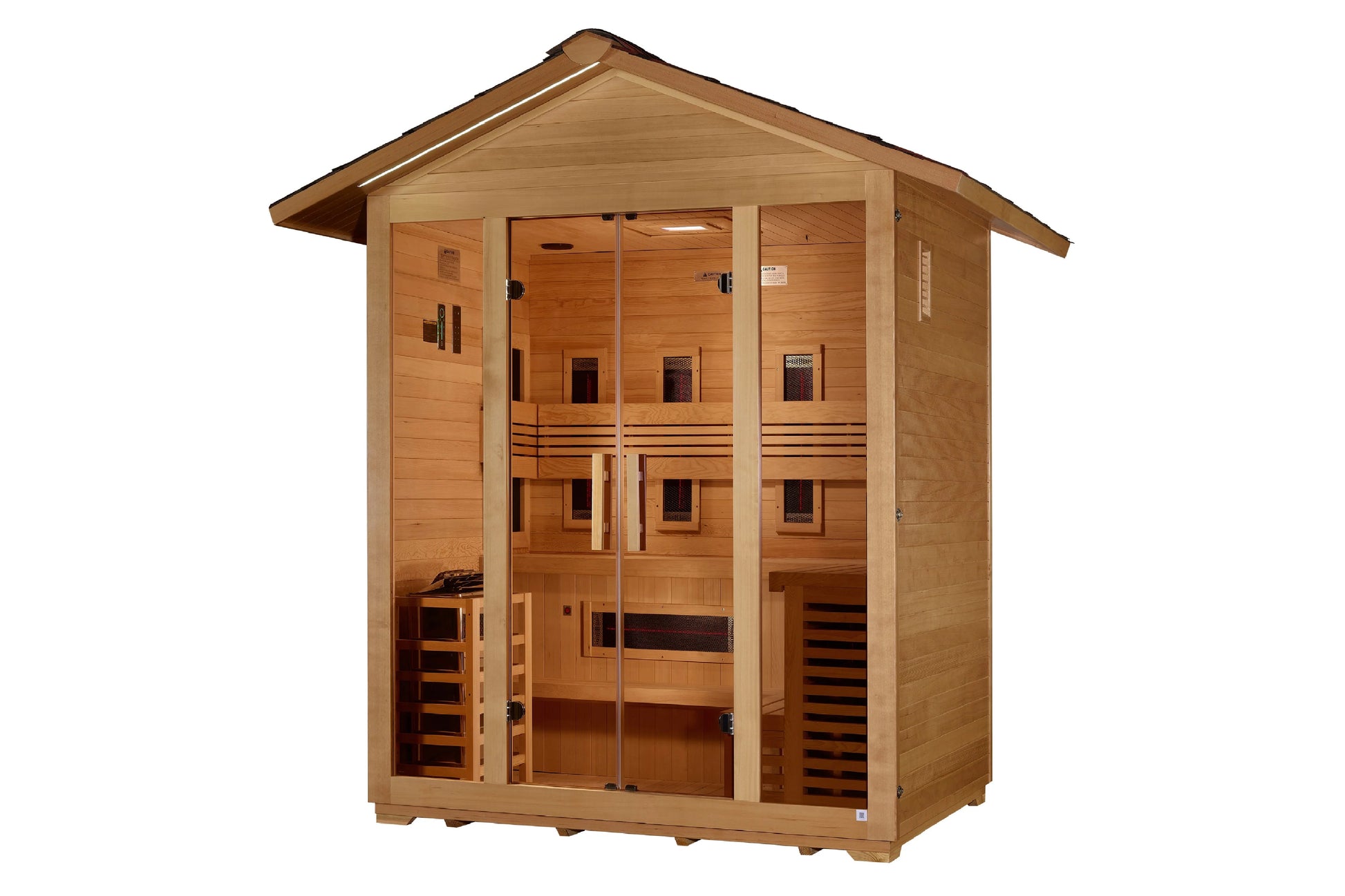 Golden Designs "Gargellen" 5-Person Full Spectrum Hybrid Outdoor Sauna in light cedar wood with glass front doors and interio