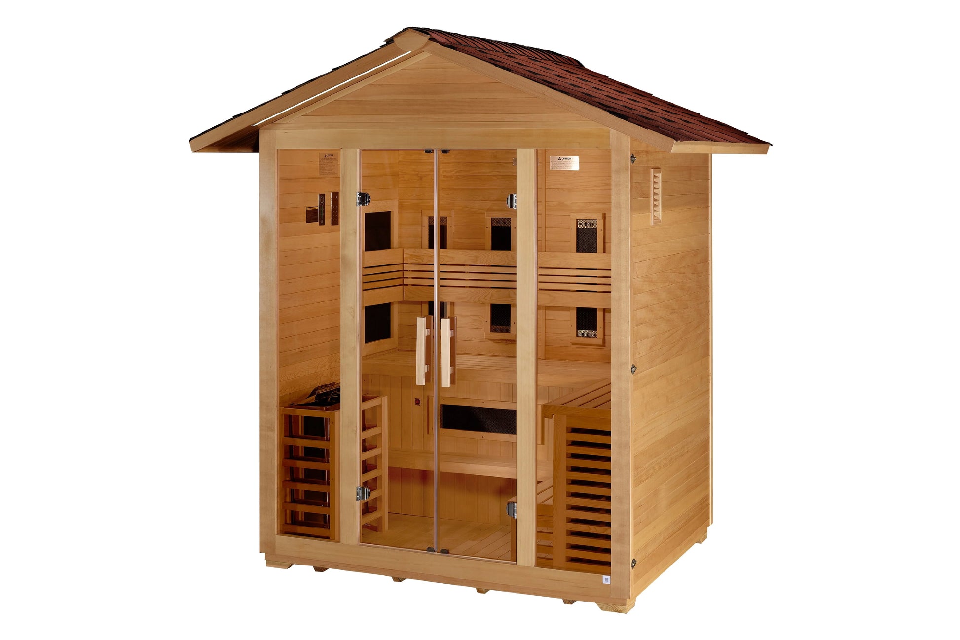 Golden Designs Gargellen 5-person full spectrum hybrid outdoor sauna with cedar wood exterior, dark red roof, glass door, and