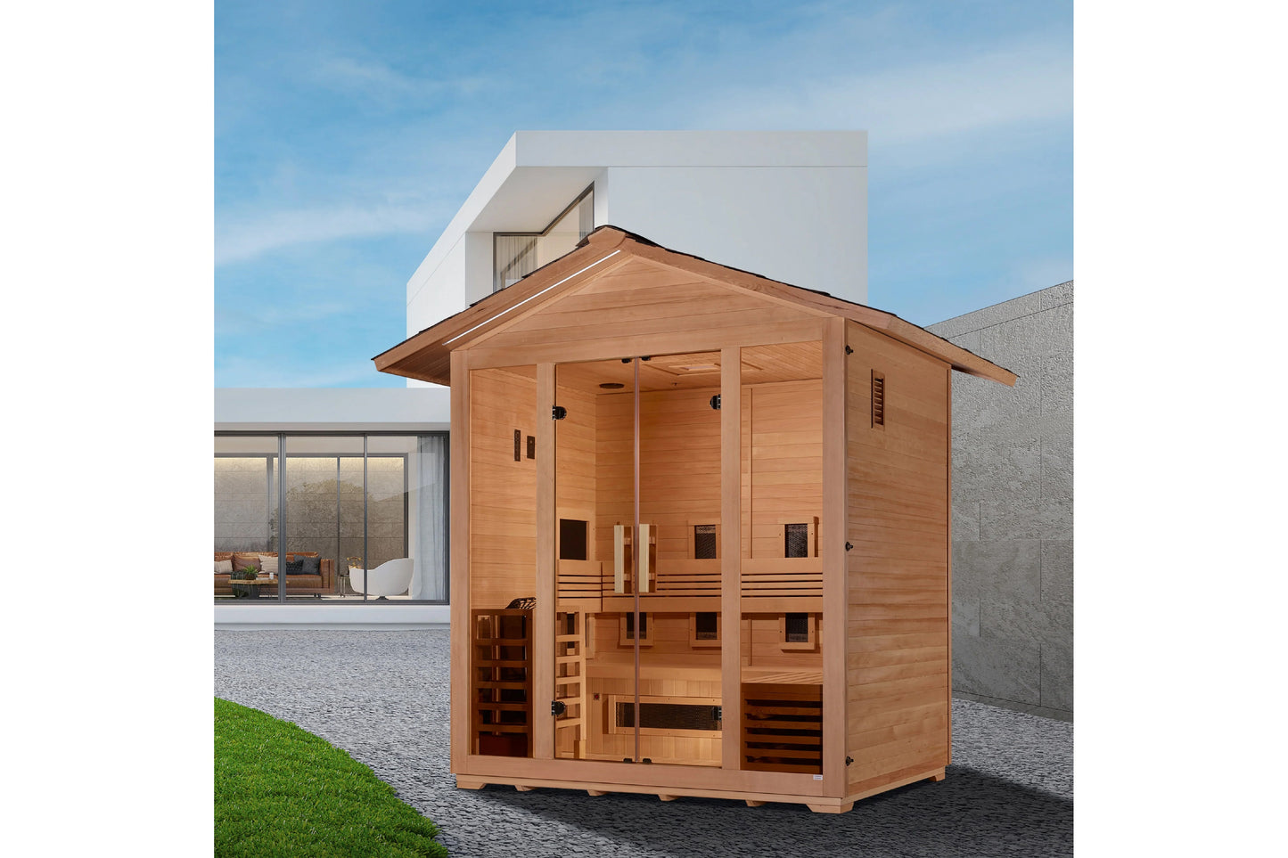 Golden Designs Gargellen outdoor sauna with cedar wood construction, glass front doors, peaked roof, and full spectrum heatin