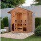 Golden Designs Gargellen outdoor sauna, cedar wood construction with peaked roof and glass front door, positioned in backyard