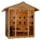 Cedar wood outdoor sauna cabin with peaked roof, full-spectrum glass front doors, and multiple interior benches, displayed on