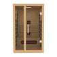 Two-person infrared sauna with light wood frame, glass doors, wooden interior benches, and red heating elements on white back