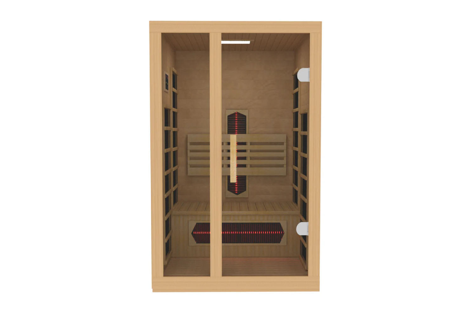 Two-person infrared sauna with light wood frame, glass doors, wooden interior benches, and red heating elements on white back