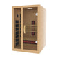 Light wood infrared sauna cabin with glass door, control panel on left side, wooden bench seating, and red heating elements v