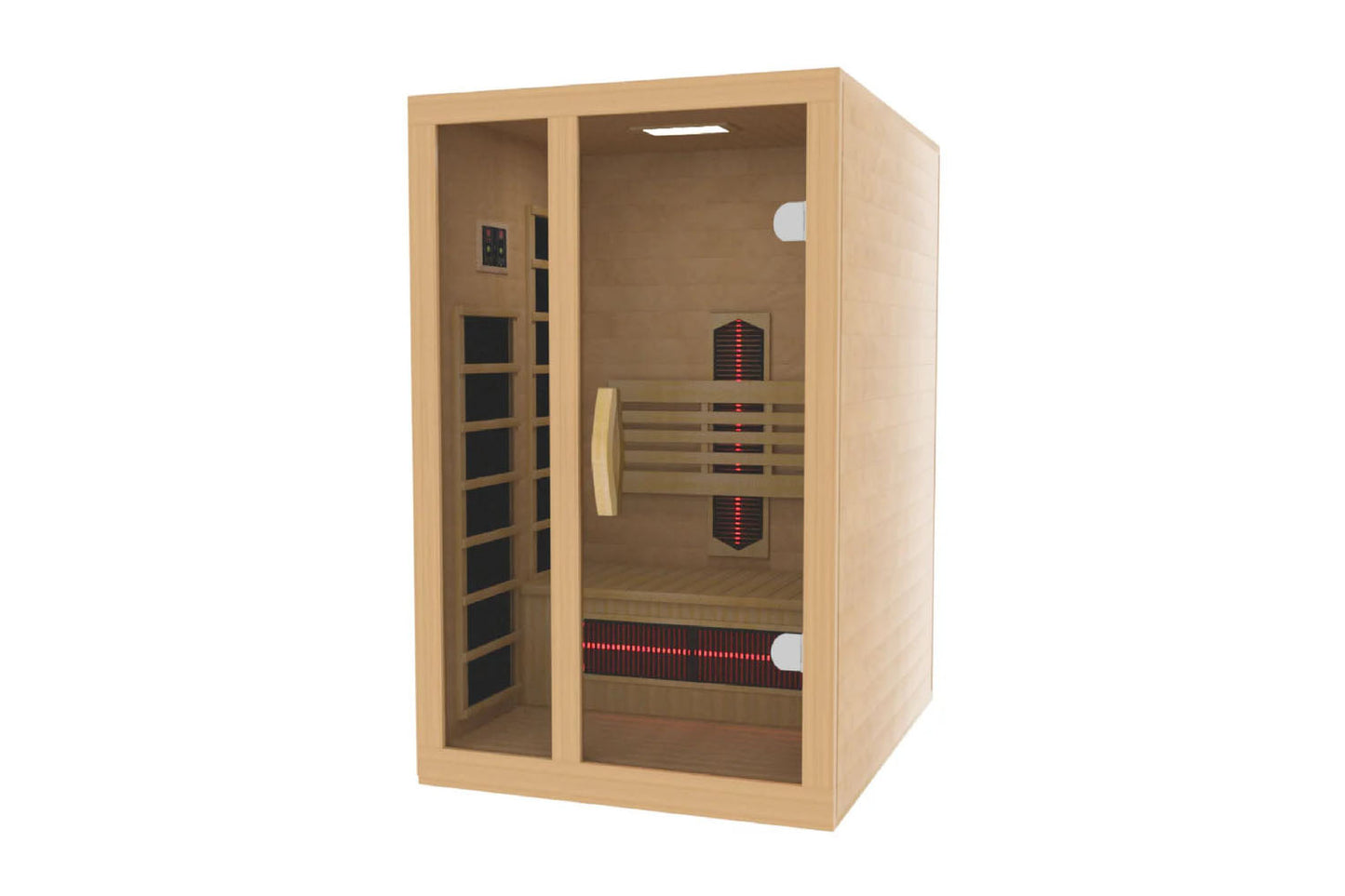 Light wood infrared sauna cabin with glass door, control panel on left side, wooden bench seating, and red heating elements v