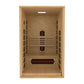 Golden Designs Gracia sauna interior with natural wood construction, bench seating, red infrared heaters, and glass side pane