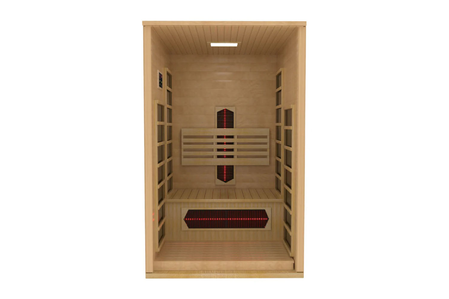 Golden Designs Gracia sauna interior with natural wood construction, bench seating, red infrared heaters, and glass side pane