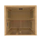 Golden Designs Gracia infrared sauna with light wood interior, vertical and horizontal slats, bench seating, and control pane