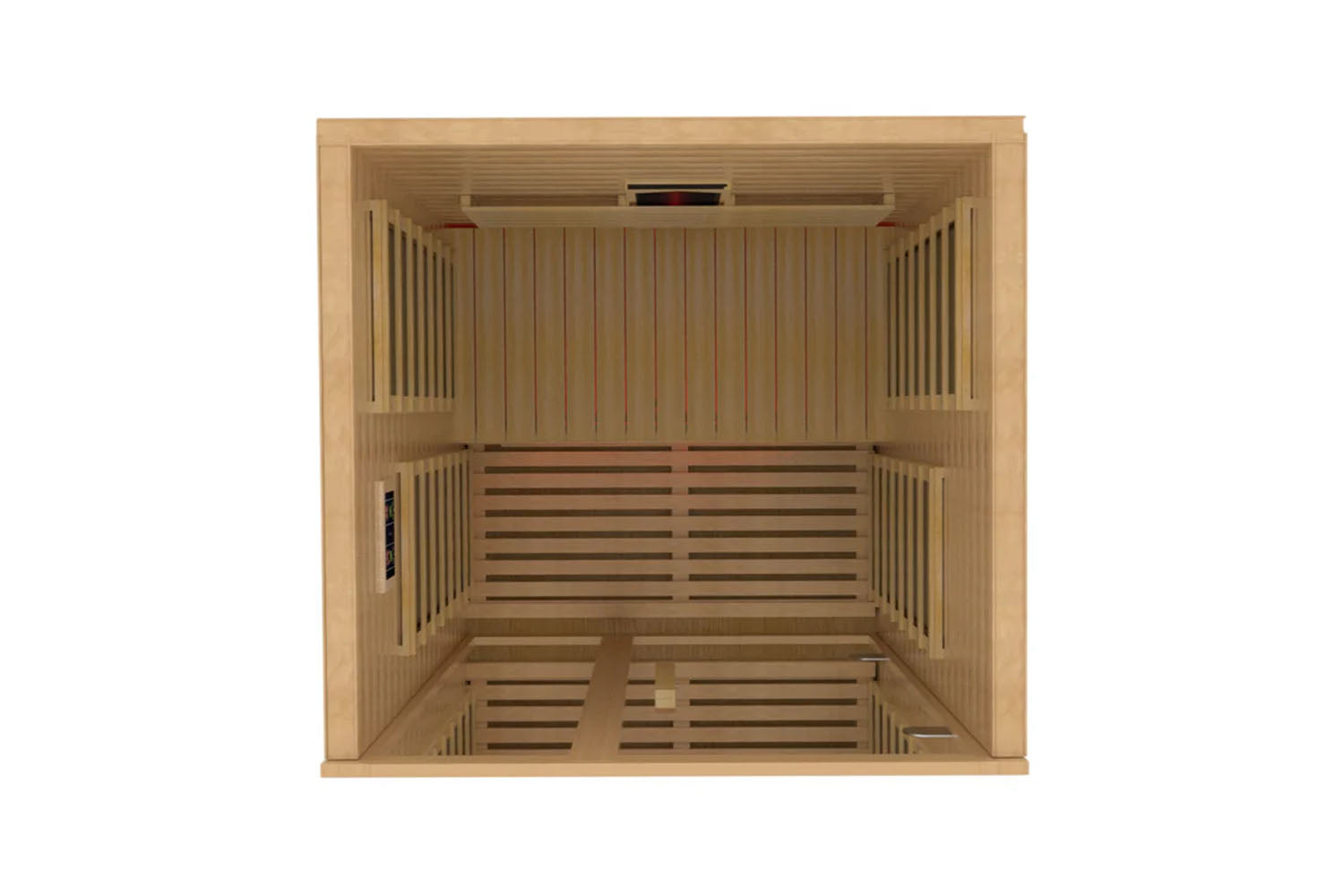 Golden Designs Gracia infrared sauna with light wood interior, vertical and horizontal slats, bench seating, and control pane