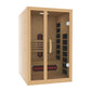 Natural wood infrared sauna cabin with glass double doors, featuring black ceramic heater panels and red LED light indicators