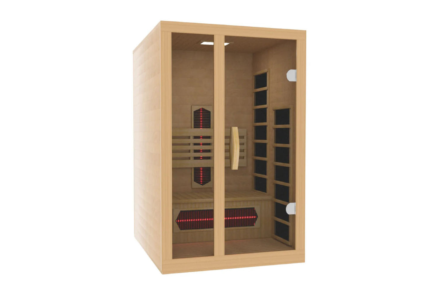 Natural wood infrared sauna cabin with glass double doors, featuring black ceramic heater panels and red LED light indicators