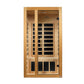 Natural wood infrared sauna cabin with glass front door, black interior panels, and control panel on top, shown on white back