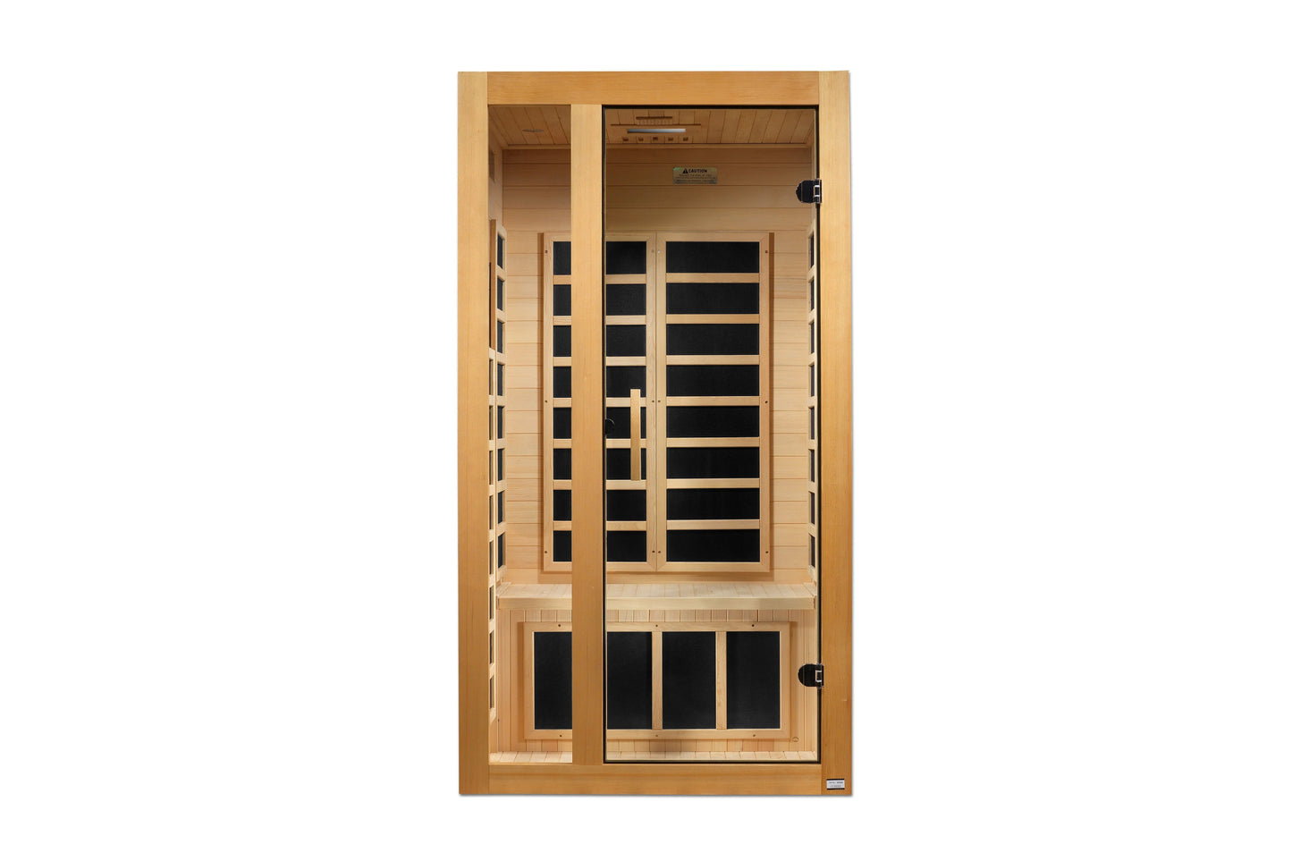 Natural wood infrared sauna cabin with glass front door, black interior panels, and control panel on top, shown on white back